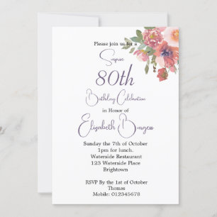 80th Birthday Gold Floral Pink Rose Elegant  Invitation