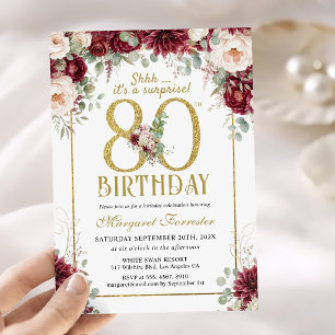 80th Birthday Gold Frame Burgundy Floral Femmine Invitation
