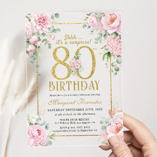 80th Birthday Gold Frame Pink Floral Femmine Acrylic Invitations