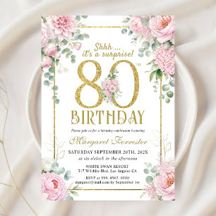 80th Birthday Gold Frame Pink Floral Femmine Invitation