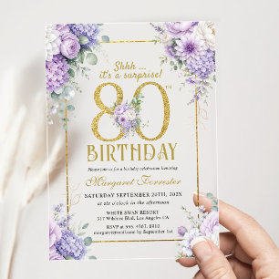 80th Birthday Gold Frame Purple Floral Femmine Acrylic Invitations