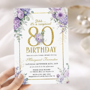 80th Birthday Gold Frame Purple Floral Femmine Invitation