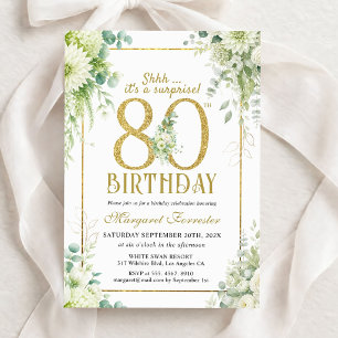 80th Birthday Gold Geo Frame Femmine Eucalyptus Invitation