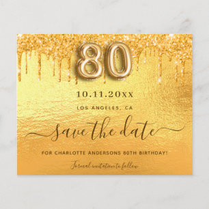 80th birthday gold glitter save the date card