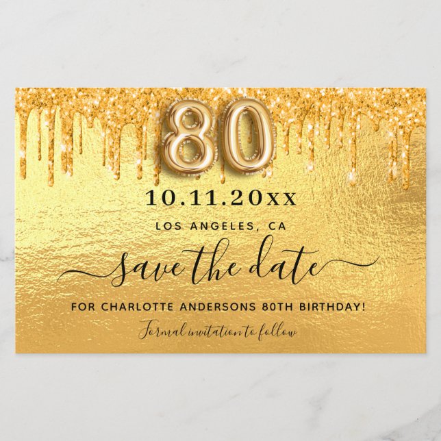 80th birthday gold glitter save the date card (Front)