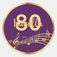 80th birthday gold music notes on elegant purple