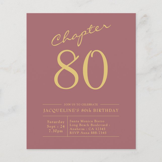 80th Birthday Gold Pink Budget Invitation Flyer (Front)
