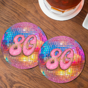 80th Birthday Gold Pink Glitter Dancing Disco Ball Round Paper Coaster