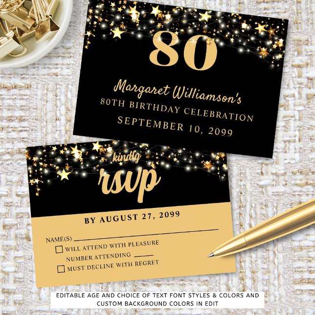 80th Birthday Gold Stars Custom Colour RSVP Card (Creator Uploaded)