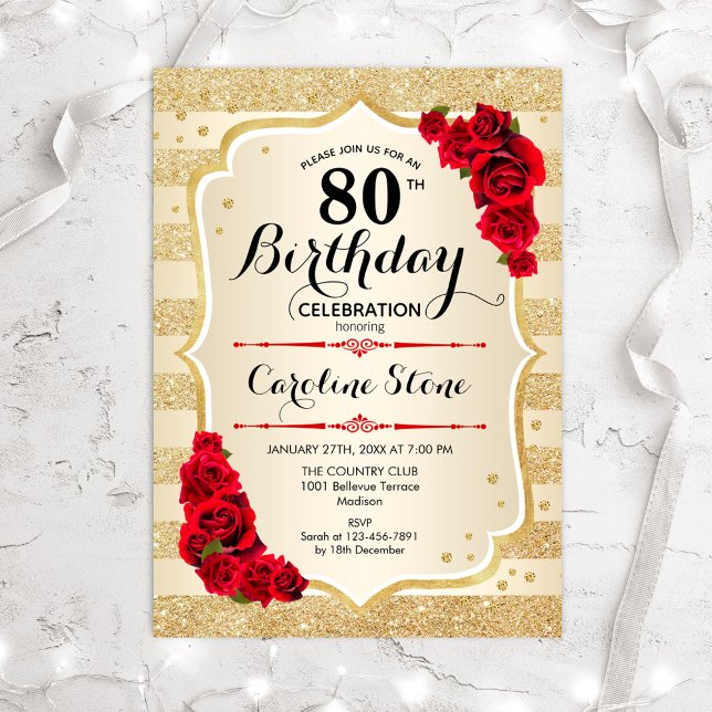 80th Birthday - Gold Stripes Roses Invitation (Creator Uploaded)