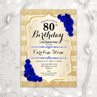 80th Birthday - Gold Stripes Royal Blue Roses