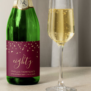 80th Birthday Gold Triangle Confetti Burgundy Sparkling Wine Label