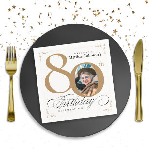 80th Birthday Gold White Calligraphy Custom Photo Napkin