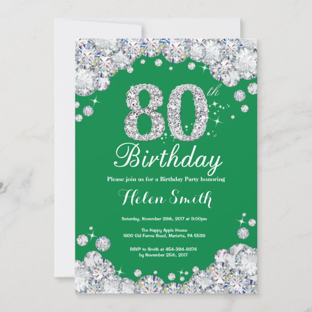 80th Birthday Green and Silver Diamond Invitation (Front)