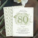 80th Birthday Green Dainty Wildflower Number 80 Invitation<br><div class="desc">80th birthday party invitation with decorative number 80. This subtle and elegant design features a watercolor wash with delicate wildflowers,  foliage and a dainty frame in shades of green. Perfect for male or female celebrating an 80th birthday.</div>
