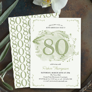 80th Birthday Green Dainty Wildflower Number 80 Invitation