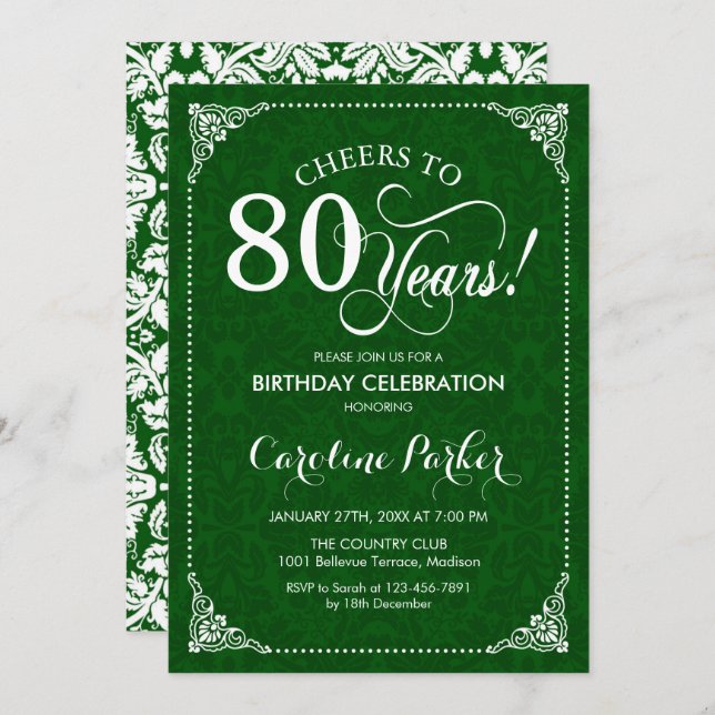 80th Birthday - Green Damask Invitation (Front/Back)