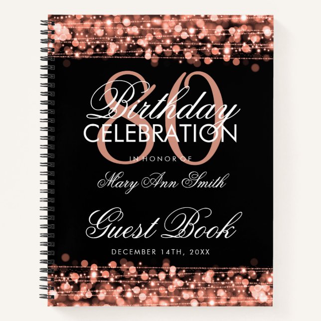 80th Birthday Guestbook Party Sparkles Rose Gold Notebook (Front)