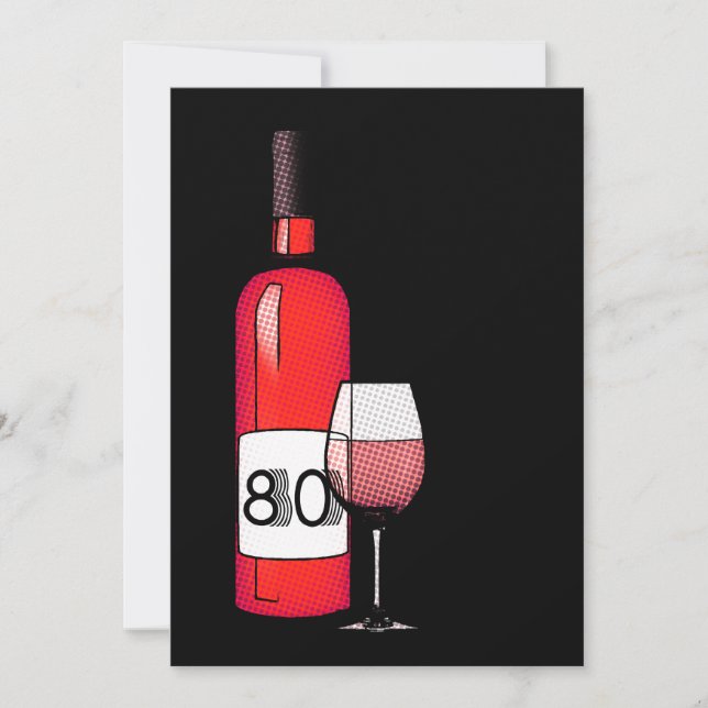 80th birthday : halftone wine bottle & glass invitation (Front)