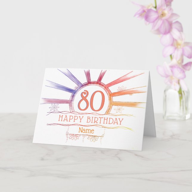 80th Birthday - hand drawn multi-colored sunburst Card (Orchid)