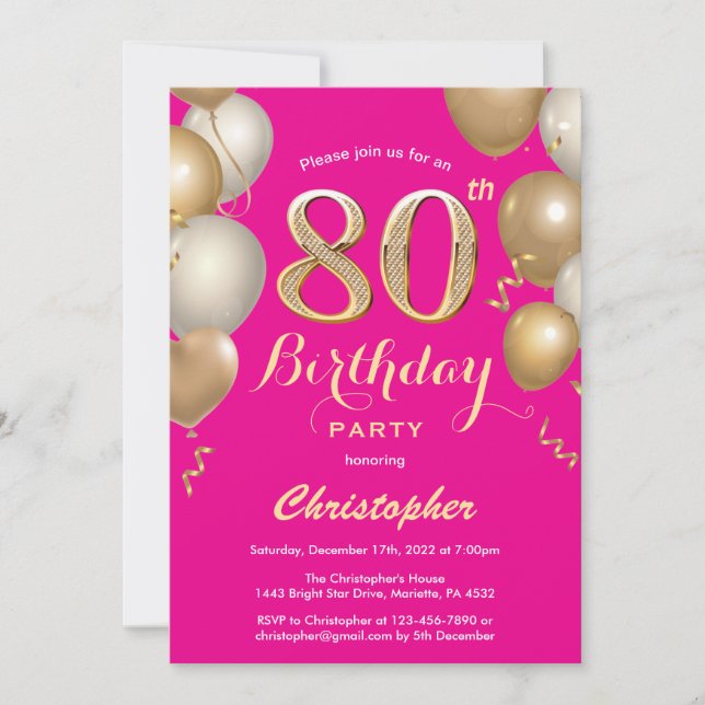 80th Birthday Hot Pink and Gold Balloons Confetti Invitation (Front)