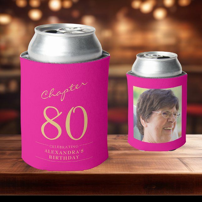 80th Birthday Hot Pink Gold Photo Template Can Cooler (Custom hot pink 80th birthday can coolers on a bar top.)