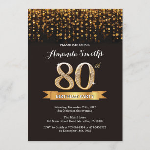 80th Birthday Invitation Black and Gold Glitter