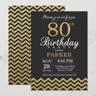 80th Birthday Invitation Black and Gold Glitter