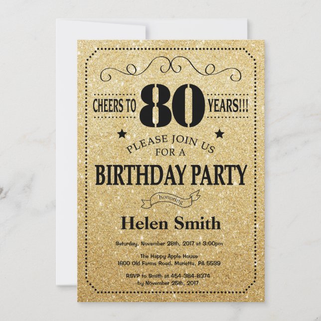 80th Birthday Invitation Black and Gold Glitter (Front)
