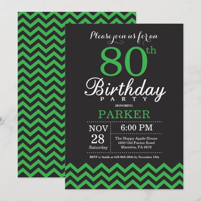 80th Birthday Invitation Black and Green Chevron (Front/Back)