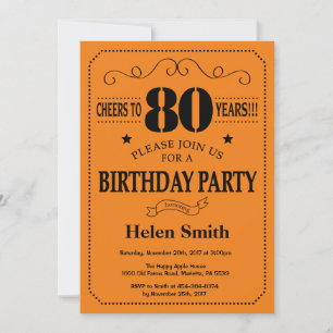 80th Birthday Invitation Black and Orange