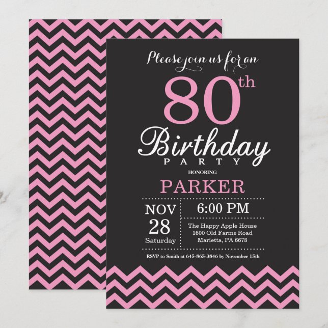 80th Birthday Invitation Black and Pink Chevron (Front/Back)