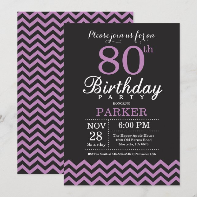 80th Birthday Invitation Black and Purple (Front/Back)