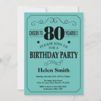 80th Birthday Invitation Black and Teal