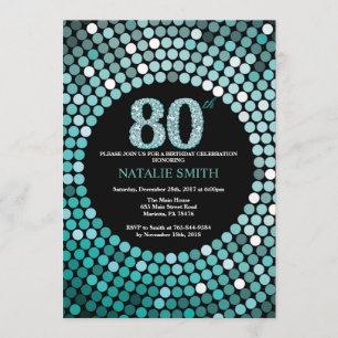 80th Birthday Invitation Black and Teal Glitter