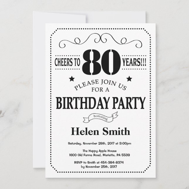 80th Birthday Invitation Black and White (Front)