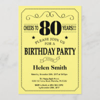 80th Birthday Invitation Black and Yellow