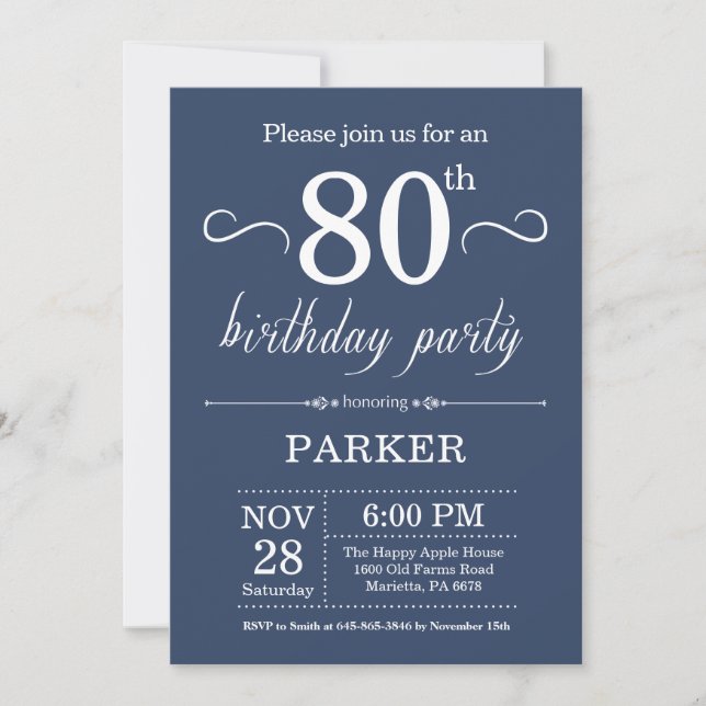 80th Birthday Invitation Blue (Front)