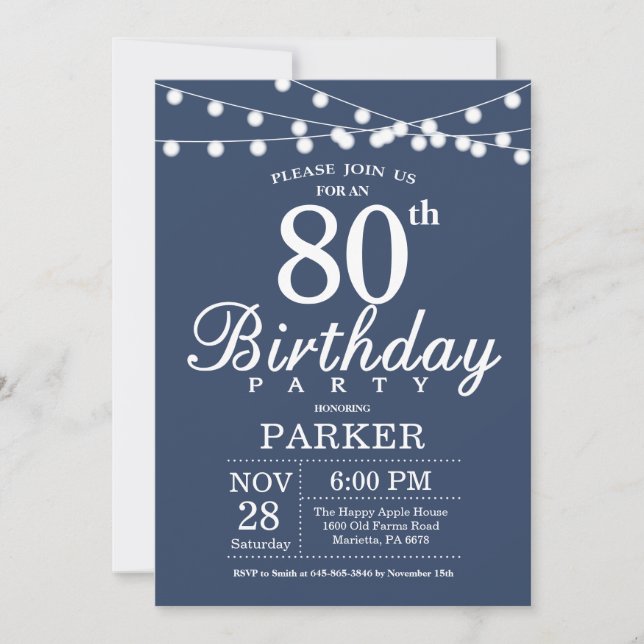 80th Birthday Invitation Blue (Front)