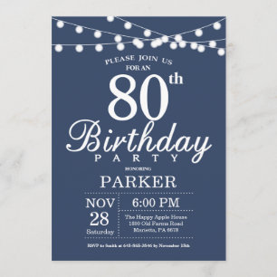 80th Birthday Invitation Blue