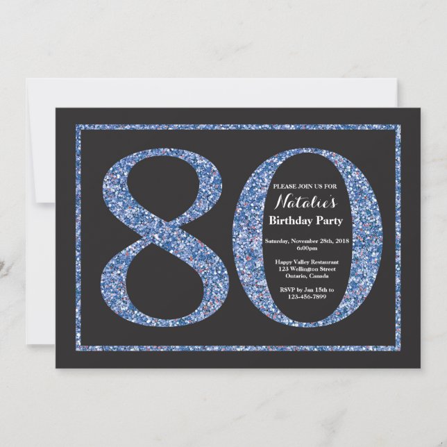 80th Birthday Invitation Blue Glitter Chalkboard (Front)