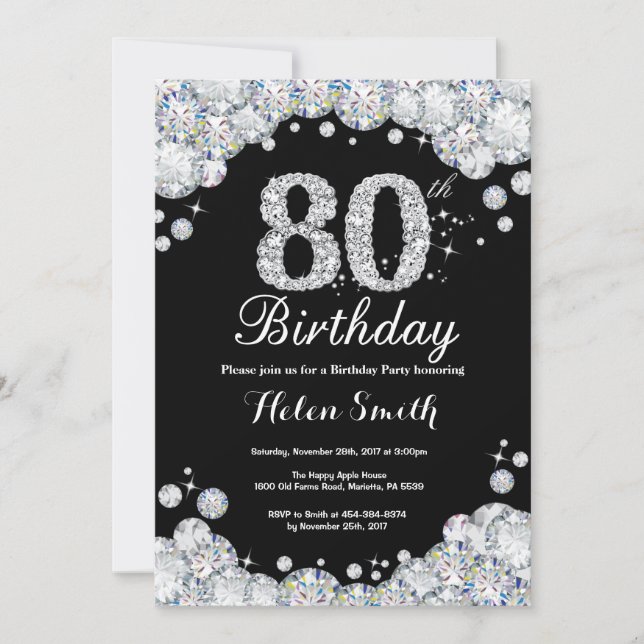 80th Birthday Invitation Chalkboard Silver Diamond (Front)