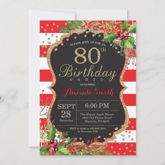 80th Birthday Invitation. Christmas Red Black Gold Invitation (Front)