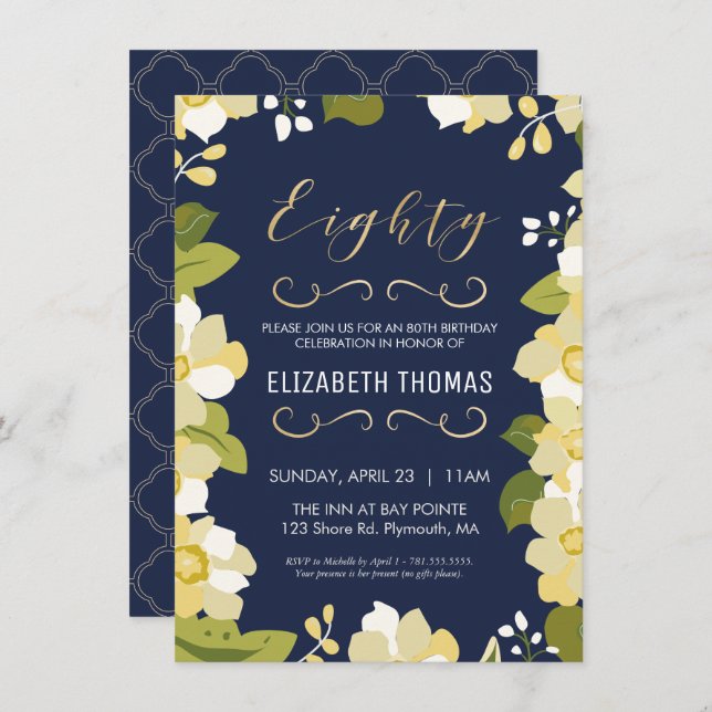 80th Birthday Invitation, Customise Floral w/ Gold Invitation (Front/Back)