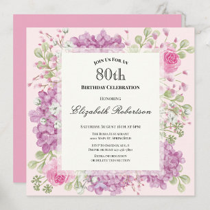 80th Birthday Invitation Elegant Pink Flowers