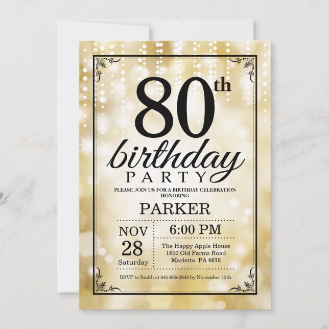 80th Birthday Invitation Gold Glitter (Front)
