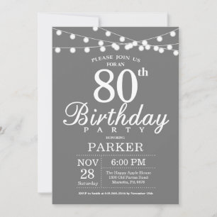 80th Birthday Invitation Grey and White