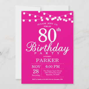 80th Birthday Invitation Hot Pink
