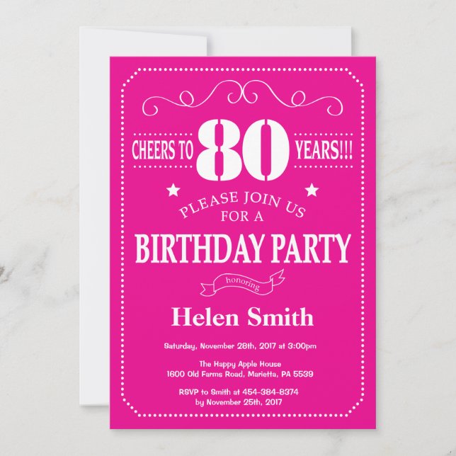 80th Birthday Invitation Hot Pink and White (Front)