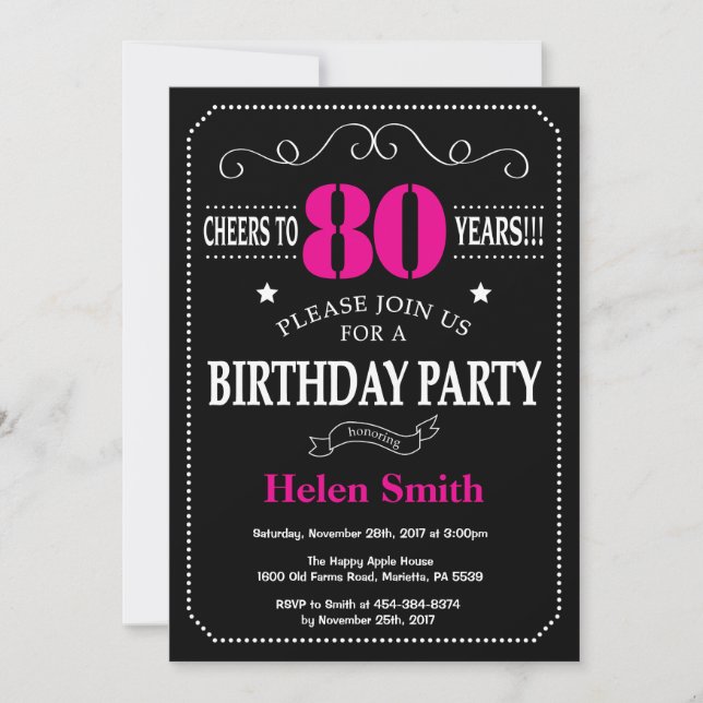 80th Birthday Invitation Hot Pink Black Chalkboard (Front)